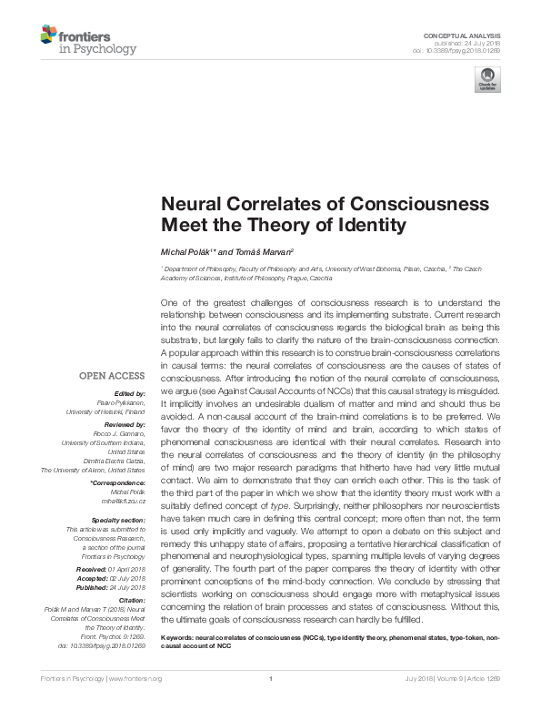 (PDF) Neural Correlates of Consciousness Meet the Theory of Identity