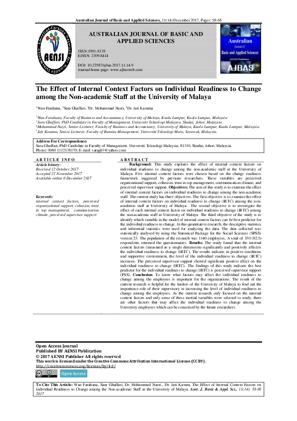 (PDF) The Effect of Internal Context Factors on Individual Readiness to ...