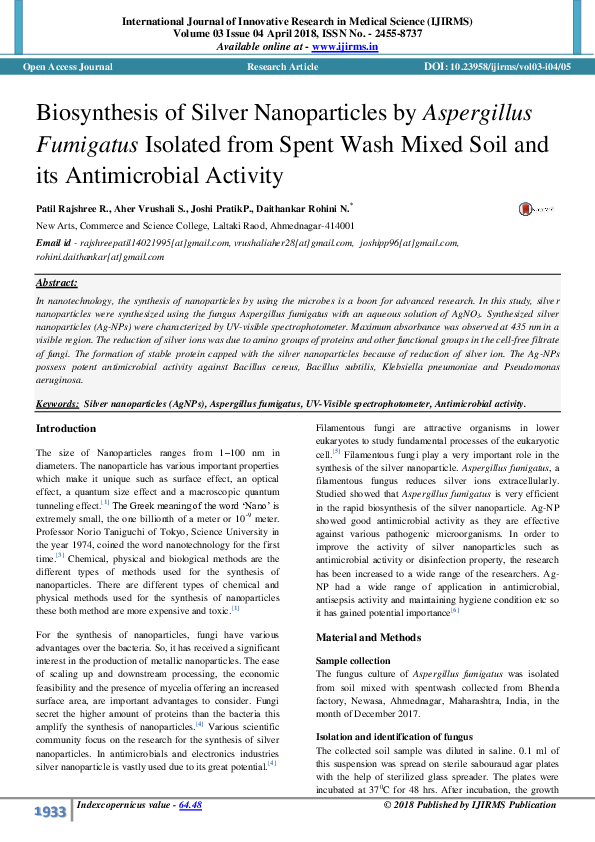 (PDF) Biosynthesis of Silver Nanoparticles by Aspergillus Fumigatus ...