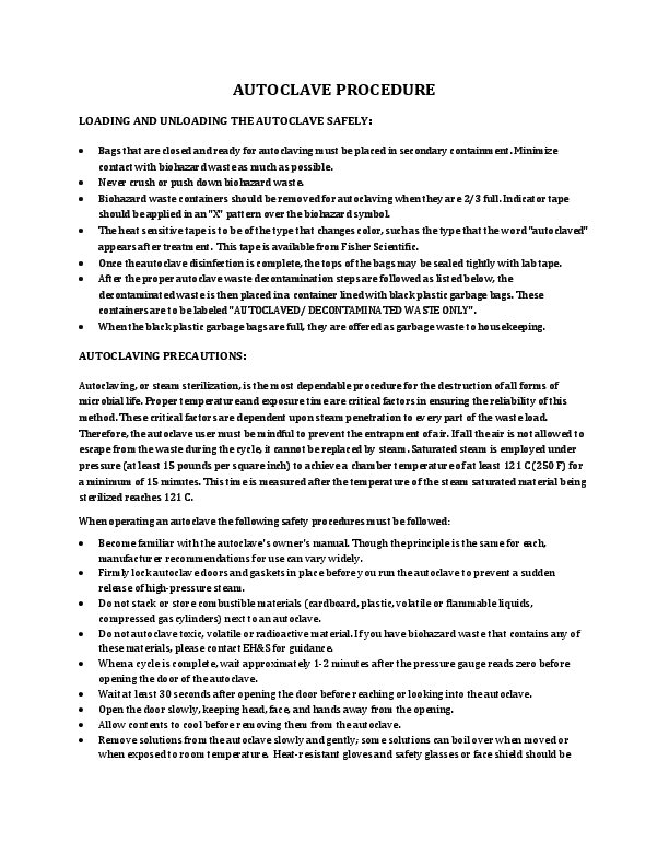 (PDF) AUTOCLAVE PROCEDURE LOADING AND UNLOADING THE AUTOCLAVE SAFELY