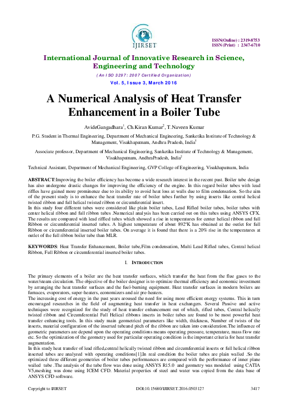 (PDF) A Numerical Analysis of Heat Transfer Enhancement in a Boiler Tube