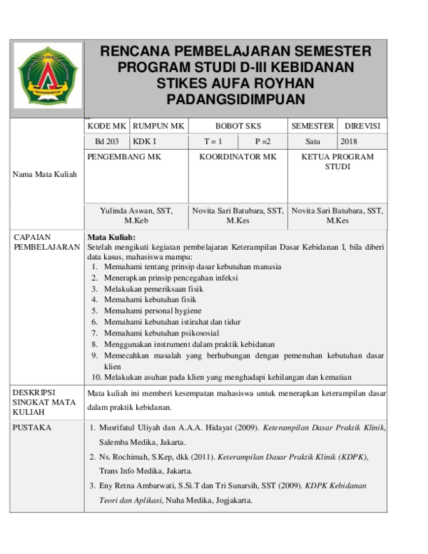 (DOC) RENCANA PEMBELAJARAN SEMESTER PROGRAM STUDI DIII