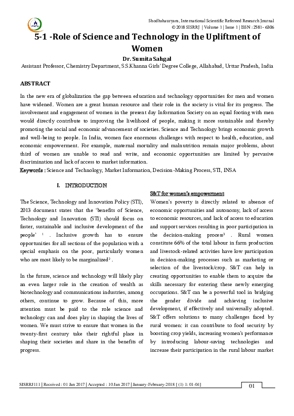 (PDF) 5-1 -Role of Science and Technology in the Upliftment of Women