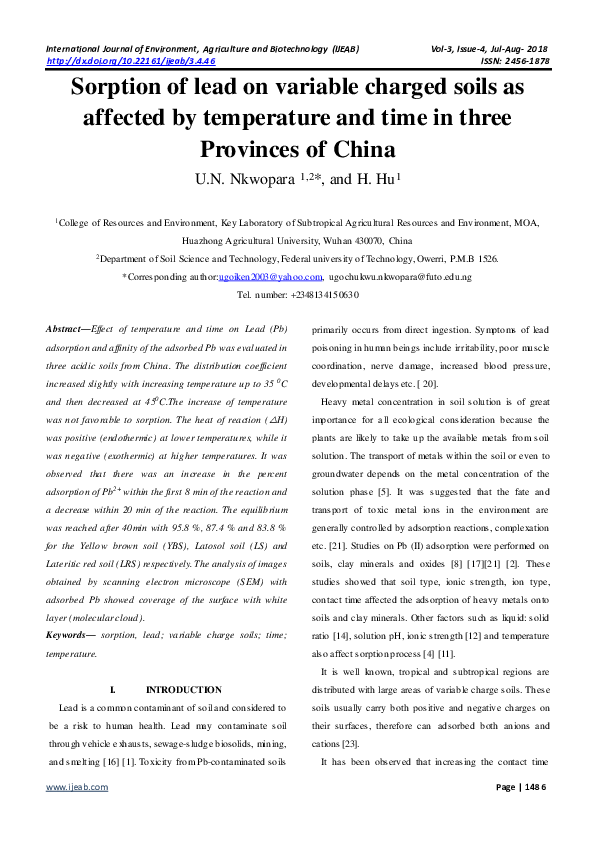 Pdf Sorption Of Lead On Variable Charged Soils As Affected By Temperature And Time In Three Provinces Of China Ugochukwu Nkwopara Academia Edu
