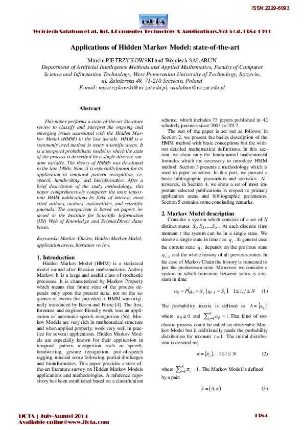 (PDF) Applications of Hidden Markov Model: state-of-the-art
