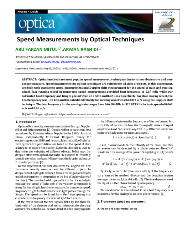 (PDF) Speed Measurements by Optical Techniques Abu Mitul, Ph.D