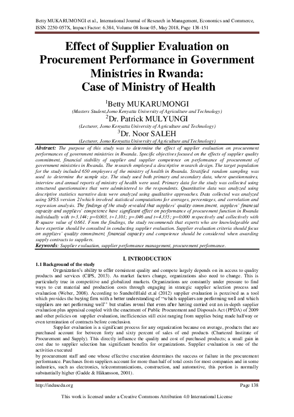 (PDF) Effect of Supplier Evaluation on Procurement Performance in ...