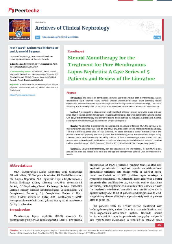 (PDF) Steroid Monotherapy for the Treatment for Pure Membranous Lupus