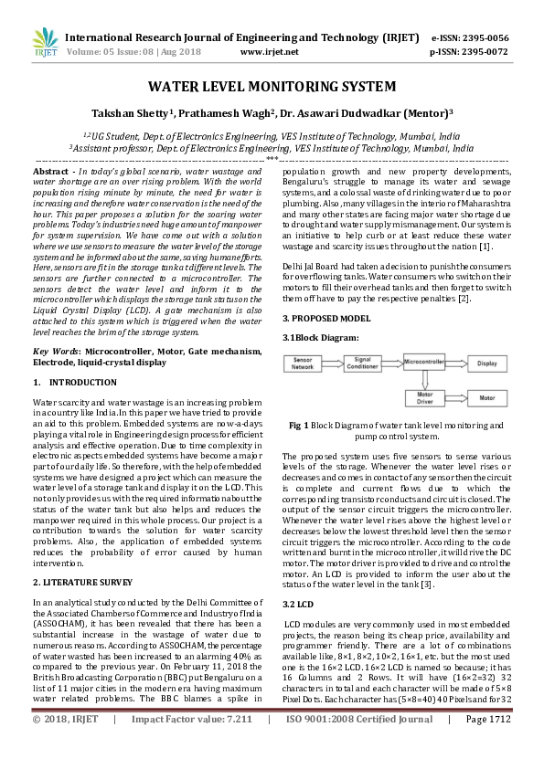 (PDF) IRJET- WATER LEVEL MONITORING SYSTEM