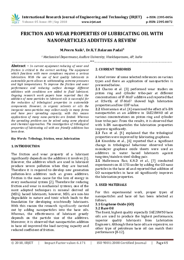 (PDF) IRJET- FRICTION AND WEAR PROPERTIES OF LUBRICATING OIL WITH ...