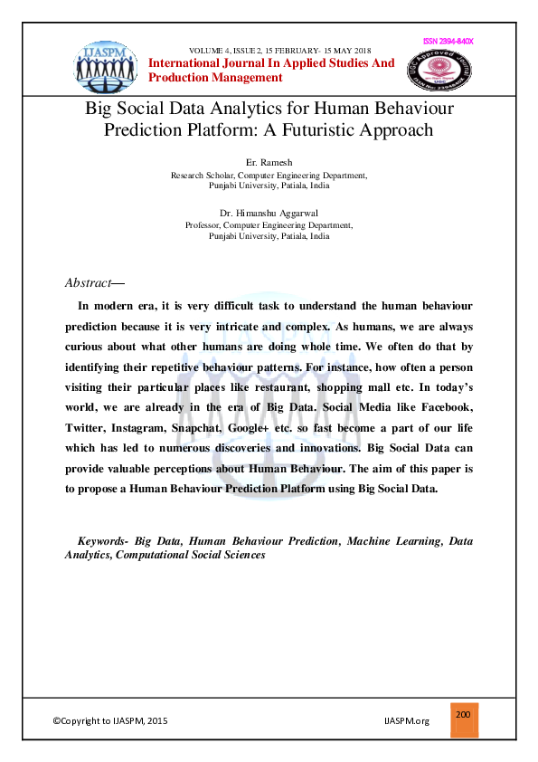 (PDF) Big Social Data Analytics for Human Behaviour Prediction Platform ...