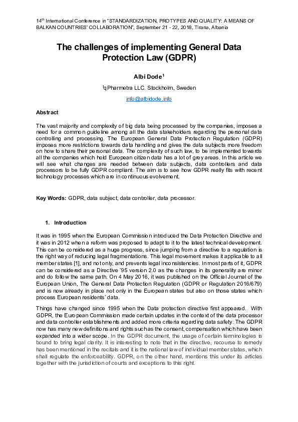(PDF) The challenges of implementing General Data Protection Law (GDPR)
