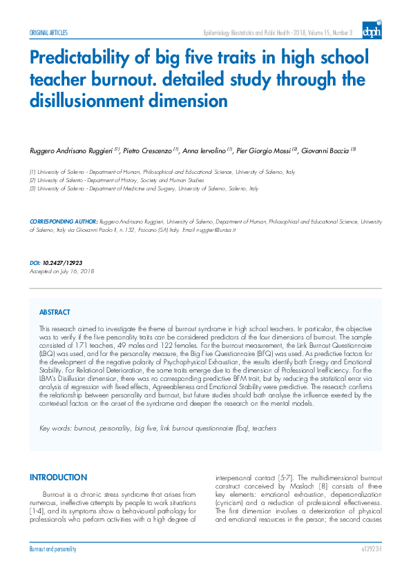 (PDF) Predictability of big five traits in high school teacher burnout. detailed study through