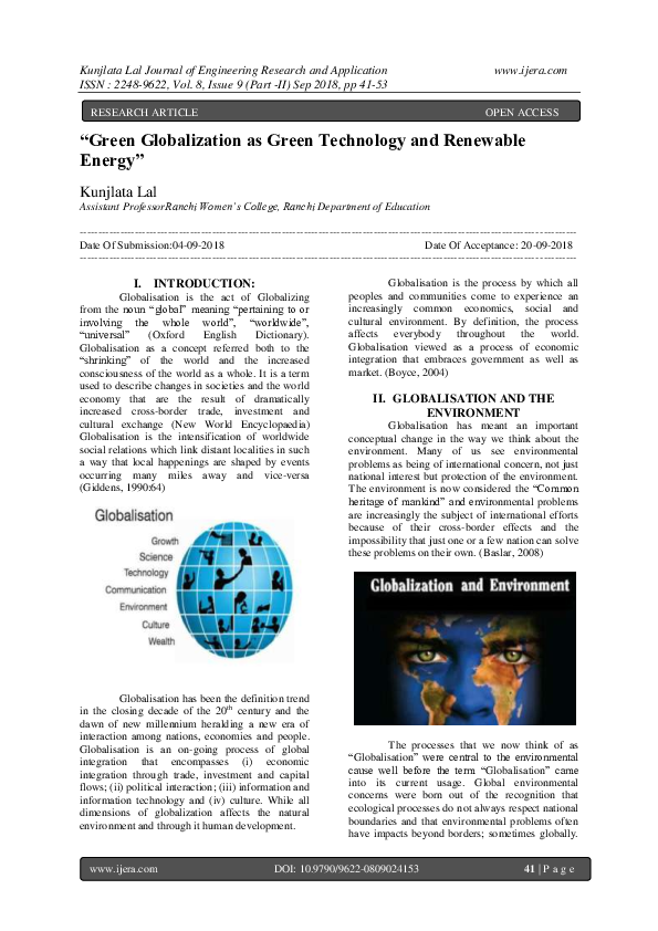 Pdf Green Globalization As Green Technology And Renewable Energy Ijera Journal Academia Edu