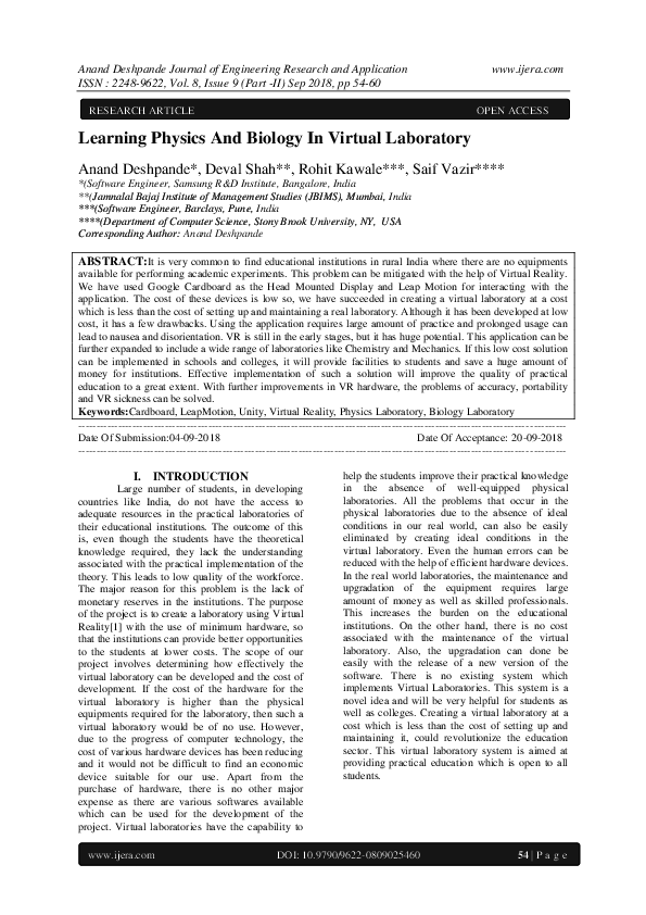 (PDF) Learning Physics And Biology In Virtual Laboratory
