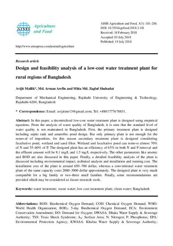 (PDF) Design and feasibility analysis of a lowcost water treatment
