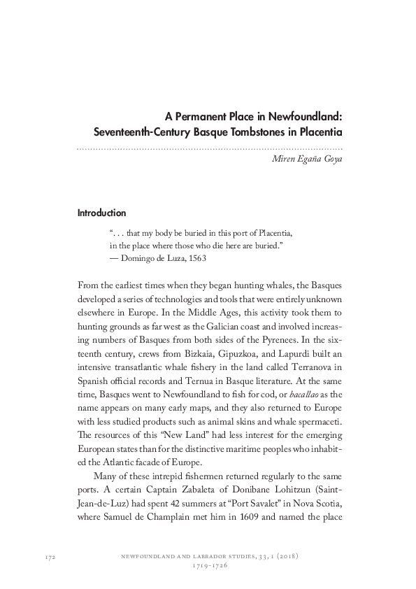 A Permanent Place in Newfoundland: Seventeenth-Century Basque Tombstones in Placentia