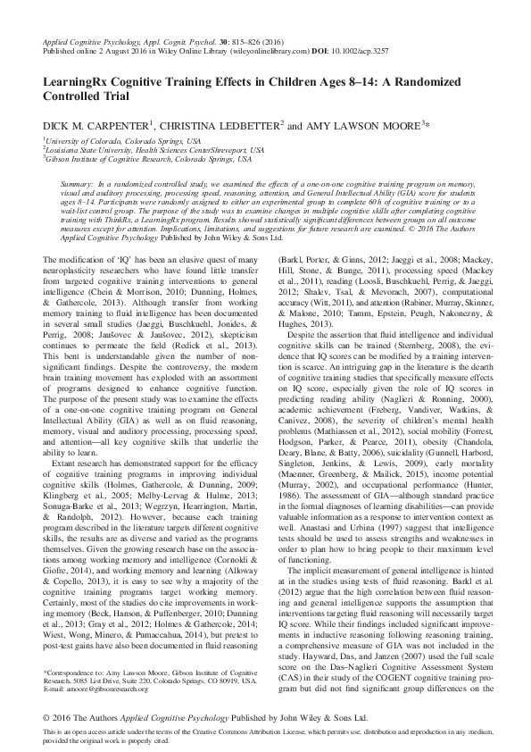 (PDF) LearningRx Cognitive Training Effects in Children Ages 8–14: A ...