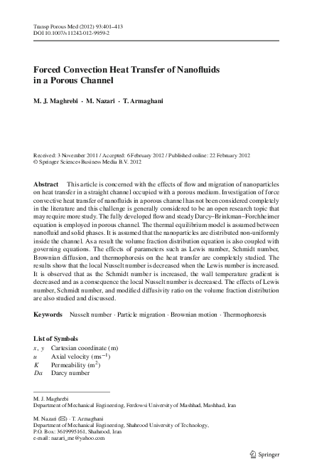 (PDF) Forced Convection Heat Transfer of Nanofluids in a Porous Channel