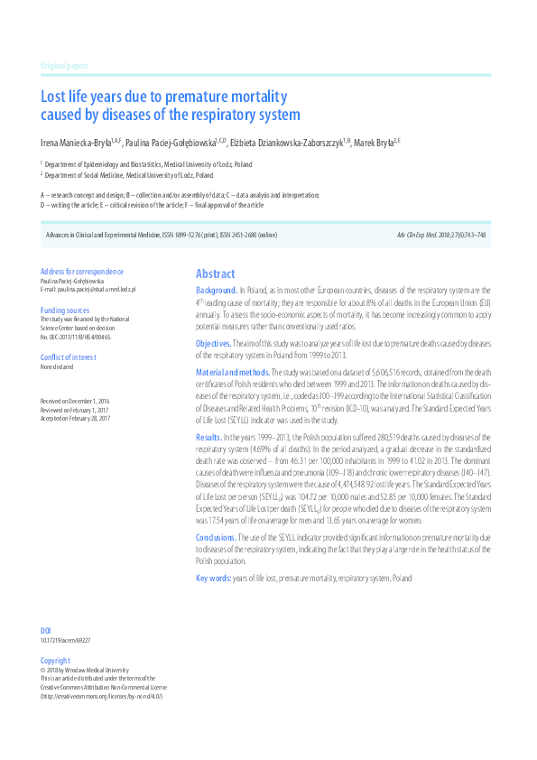 (PDF) Lost life years due to premature mortality caused by diseases of ...