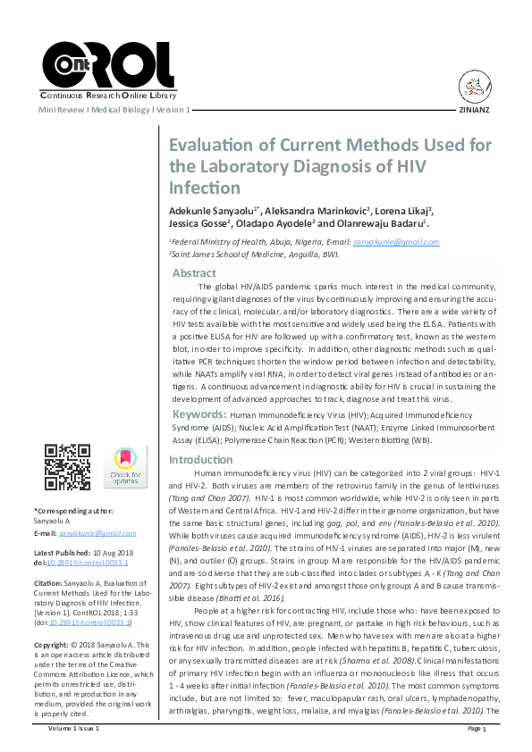 (PDF) Evaluation of Current Methods Used for the Laboratory Diagnosis ...
