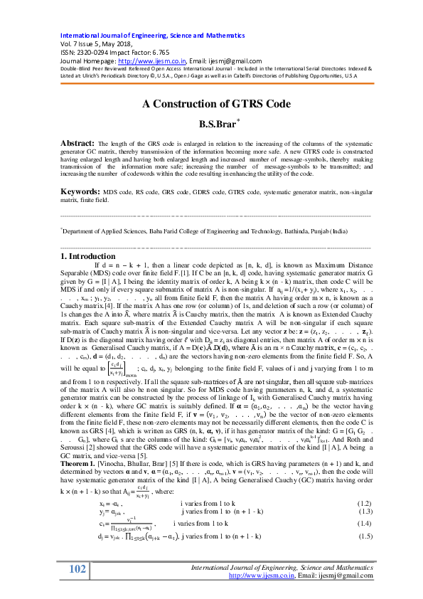 (PDF) A Construction of GTRS Code