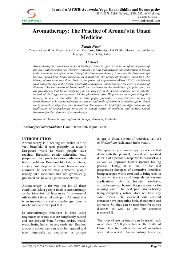 (PDF) Aromatherapy The Practice of Aroma's in Unani Medicine Fara