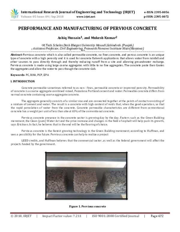 (PDF) IRJET- PERFORMANCE AND MANUFACTURING OF PERVIOUS CONCRETE