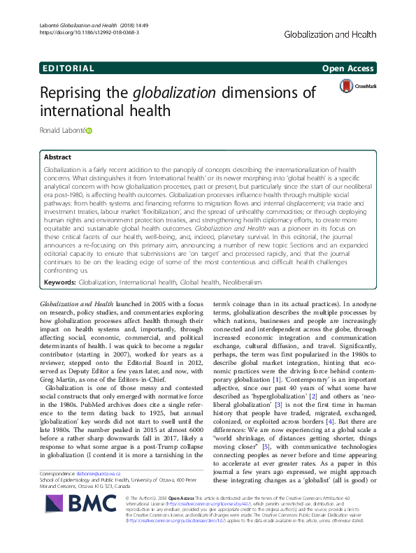 (PDF) Reprising the globalization dimensions of international health