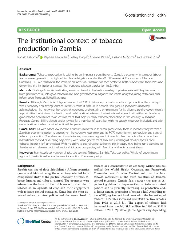 (PDF) The institutional context of tobacco production in Zambia