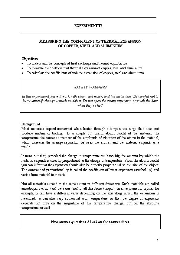 (PDF) EXPERIMENT MEASURING THE COEFFICIENT OF THERMAL EXPANSION OF