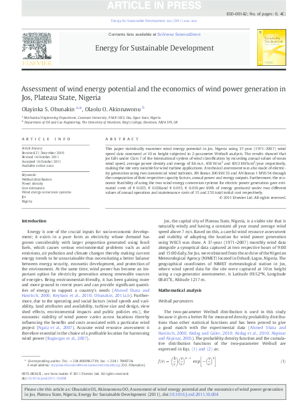 (PDF) Assessment of wind energy potential and the economics of wind ...