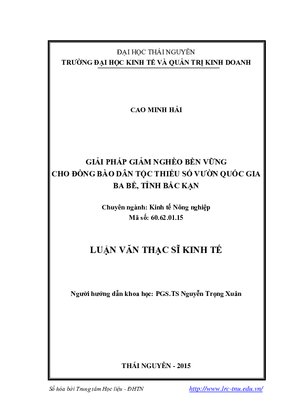 First page of “GIẢI PHÁP GIẢM NGHÈO BỀN VỮNG CHO ĐỒNG BÀO DÂN TỘC THIỂU SỐ VƢỜN QUỐC GIA BA BỂ, TỈNH BẮC KẠN”