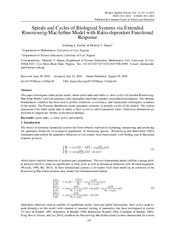 (PDF) Spirals and Cycles of Biological Systems via Extended Rosenzweig ...