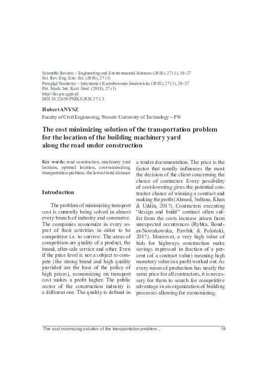 (PDF) The cost minimizing solution of the transportation problem for ...