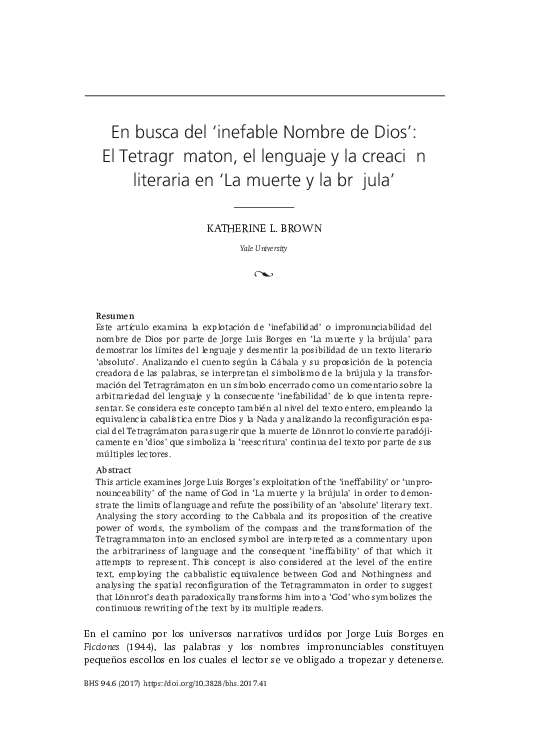 Pdf En Busca Del Inefable Nombre De Dios El Tetragramaton El Lenguaje Y La Creacion Literaria En La Muerte Y La Brujula Katherine Brown Academia Edu
