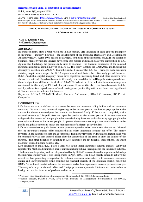 (PDF) APPLICATION OF CARAMEL MODEL TO LIFE INSURANCE COMPANIES IN INDIA