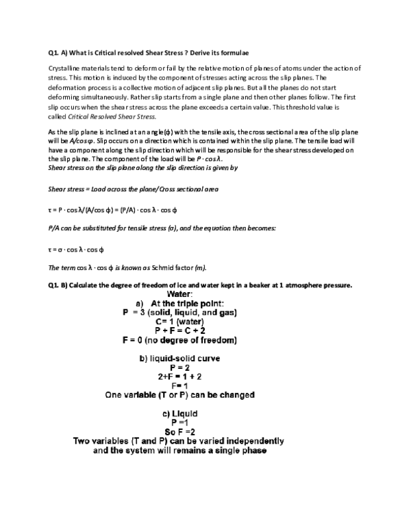 DOC) Q1. A) What is Critical resolved Shear Stress ? Derive its 
