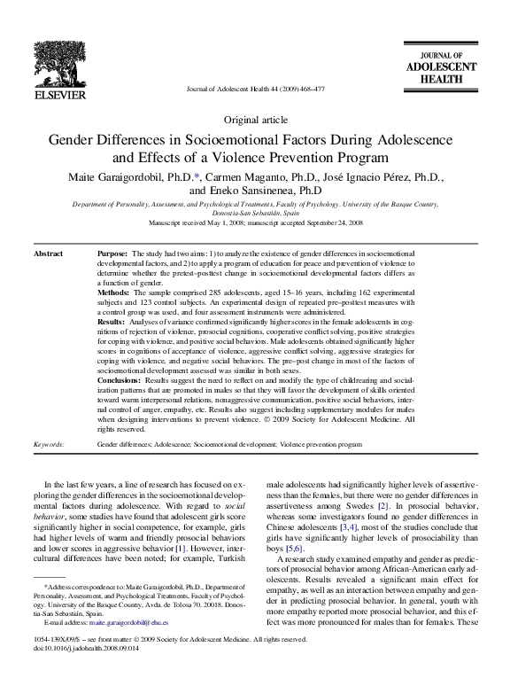 (PDF) Gender Differences in Socioemotional Factors During Adolescence ...