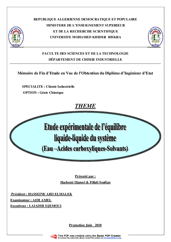 PDF) REPUBLIQUE ALGERIENNE DEMOCRATIQUE ET POPULAIRE MINISTERE DE  L'ENSEIGNEMENT SUPERIEUR ET DE LA RECHERCHE SCIENTIFIQUE UNIVERSITE MOHAMED  KHIDER BISKRA FACULTE DES SCIENCES ET DE LA TECHNOLOGIE DPARTEMENT DE  CHIMIE INDUSTRIELLE