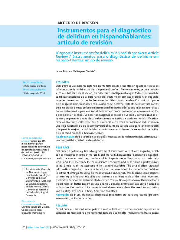 (PDF) Instrumentos para el diagnóstico de delirium en hispanohablantes artículo de revisión