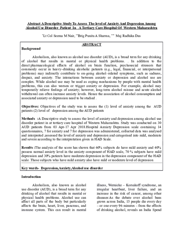 (DOC) Abstract A Descriptive Study To Assess The level of Anxiety And ...