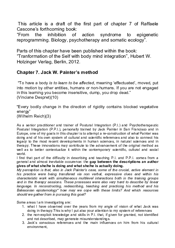 (PDF) Biology, psychotherapy, somatic ecology Jack W. Painter's method Raffaele Cascone