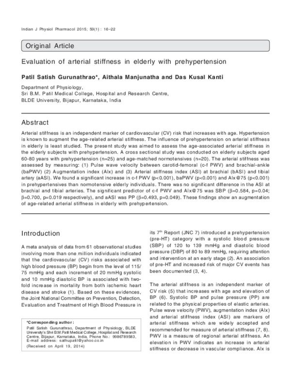 (PDF) Evaluation of arterial stiffness in elderly with prehypertension