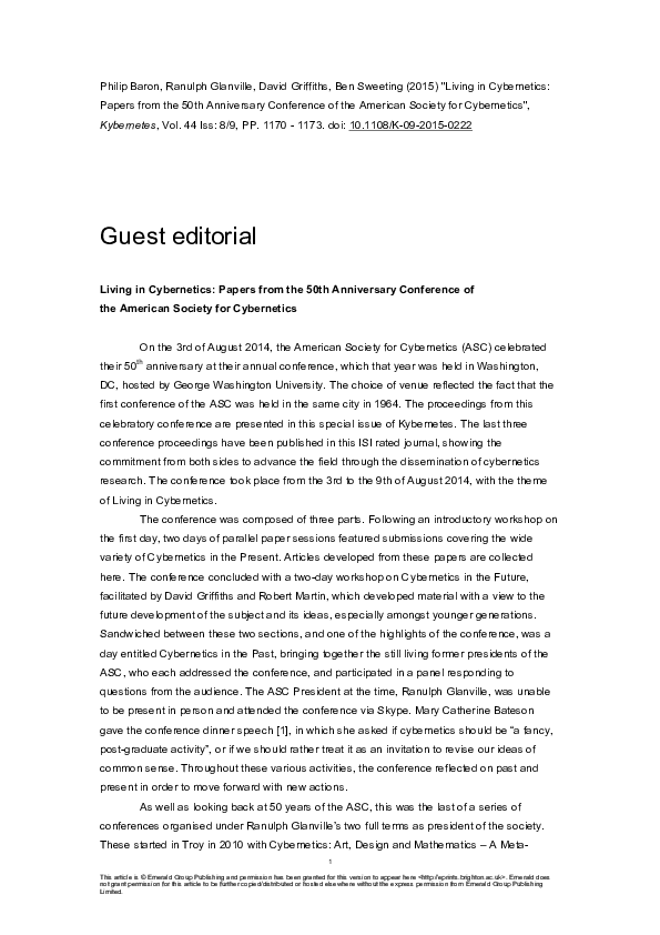 Living in Cybernetics: Papers from the 50th Anniversary Conference of the American Society for Cybernetics