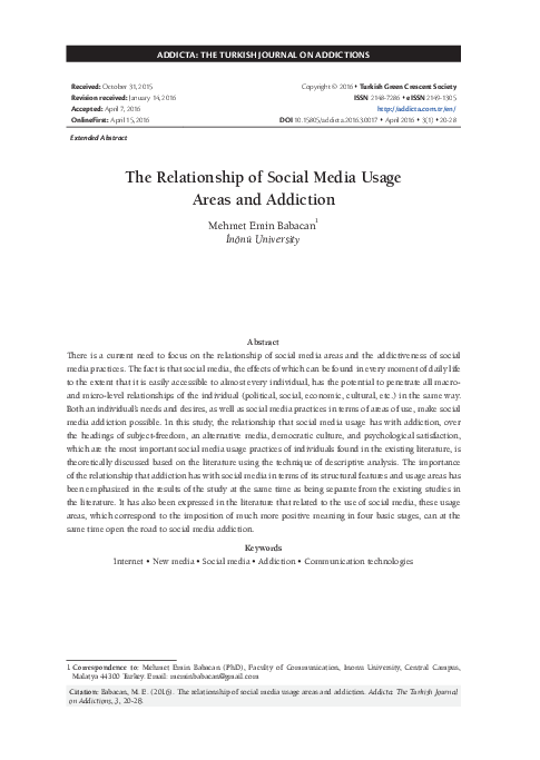 (PDF) ADDICTA 3(1) The Relationship of Social Media Usage Areas and ...