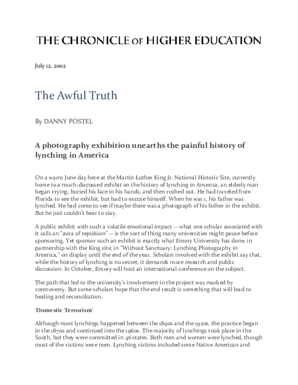 Pdf The Awful Truth The Painful Legacy Of Lynching In America