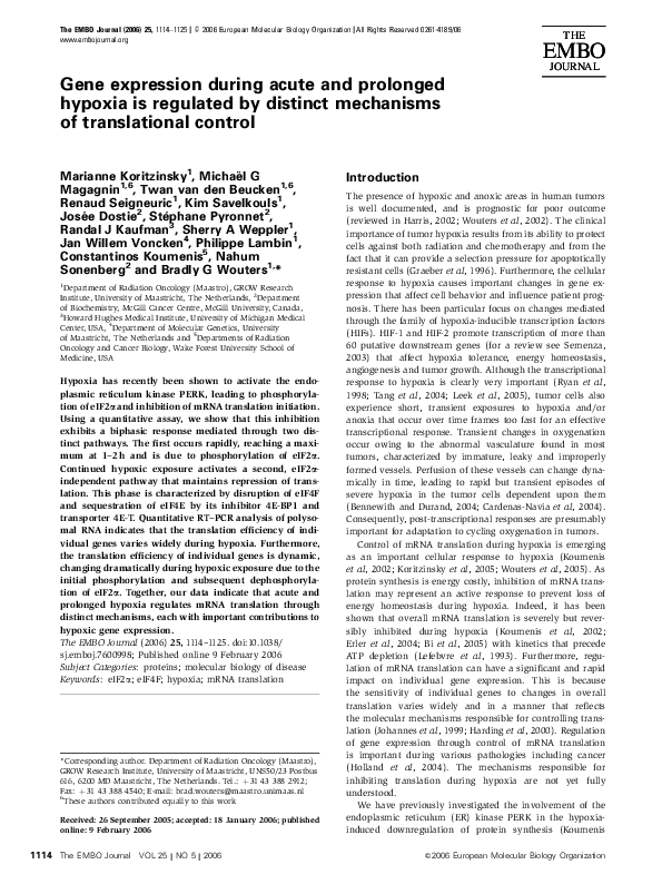 (PDF) Molecular mechanisms of translational control under hypoxia in ...