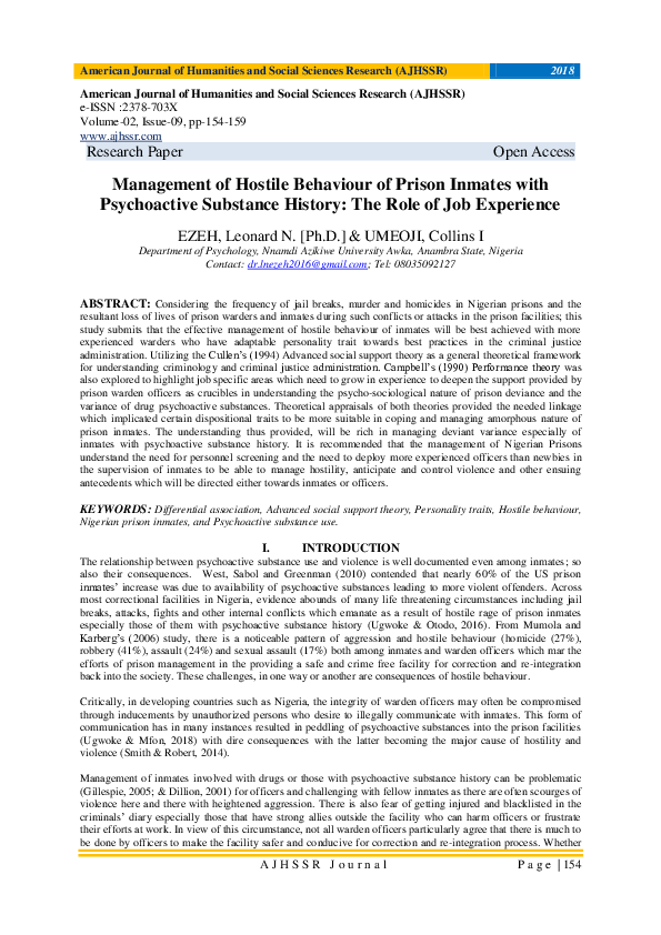 (PDF) Management of Hostile Behaviour of Prison Inmates with ...