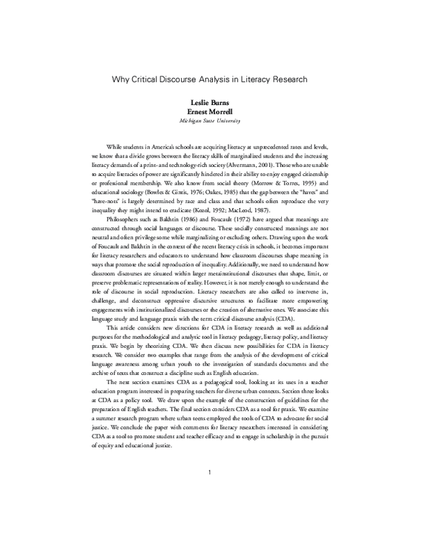 (PDF) Why Critical Discourse Analysis in Literacy Research
